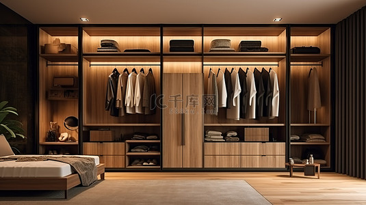 酒店背景背景图片_宽敞的木质衣柜的 3D 渲染插图，拥有华丽而现代的室内设计，并配有一系列服装