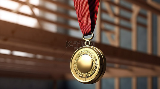 冠军的骄傲 金牌的 3D 渲染，运动员胸前挂着红丝带，作为体育第一名胜利的象征