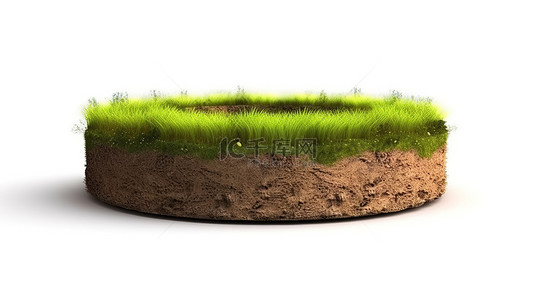 绿色草地背景图片_具有土壤和绿化横截面的孤立草圈的 3D 插图
