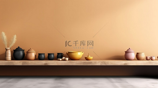 光滑的陶瓷墙装饰空厨房桌子，用于产品促销 3D 插图