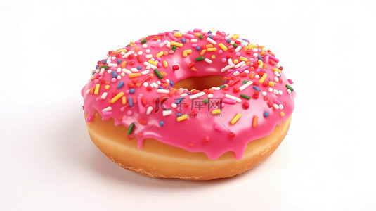 白色背景的 3D 渲染，带有一个大的粉红色釉面甜甜圈，上面撒满了彩色的糖粉