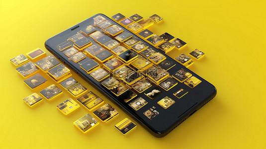黄色背景，用户界面缩略图连接到 3d 渲染的智能手机
