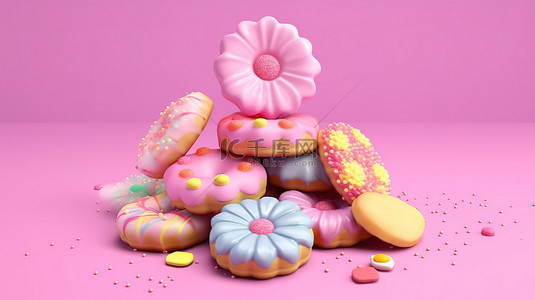 饼干食品背景图片_粉红色背景上彩色饼干的 3D 渲染插图