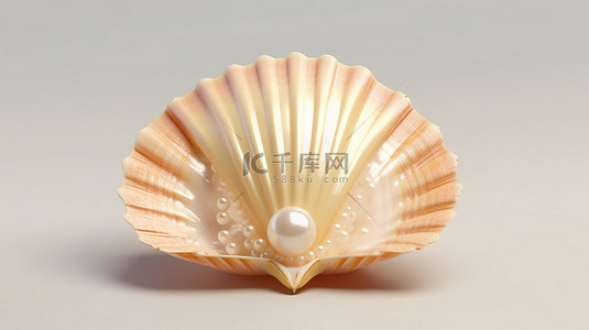 白色背景上带有珍珠的华丽贝壳 3D 渲染的扇形海洋宝藏
