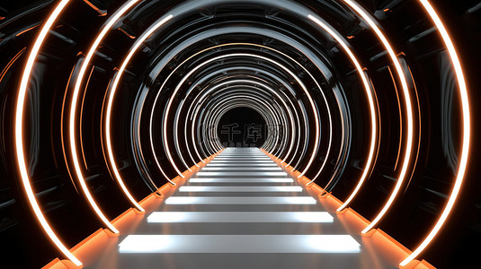 无尽的对称隧道透视充满活力的 3D 插图与白色霓虹灯