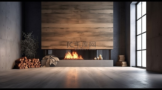 燃烧的火焰背景图片_阁楼美学中的当代壁炉设计，混凝土墙艺术品燃烧的火焰和 3D 渲染的原木