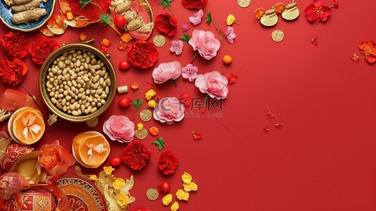 新年的边框背景图片_金色中国新年平躺边框，带花卉和金钱装饰 3D 渲染
