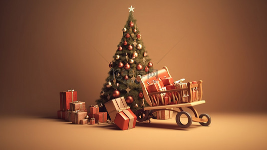 老人旅行背景图片_圣诞老人的雪橇满载礼品盒和节日圣诞树的 3D 渲染