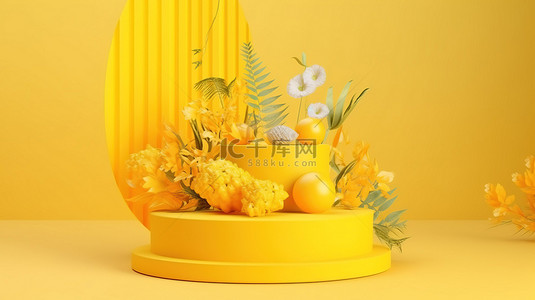 黄色主题背景图片_产品展示完美夏季主题黄色讲台 3D 渲染