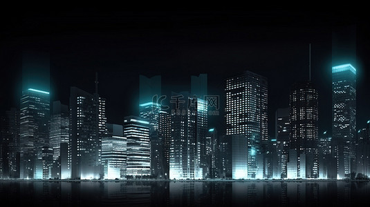 夜间城市景观 3d 渲染的市中心大都市的插图，摩天大楼排成一排