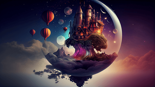 天空中的气球背景图片_梦幻空中城堡背景