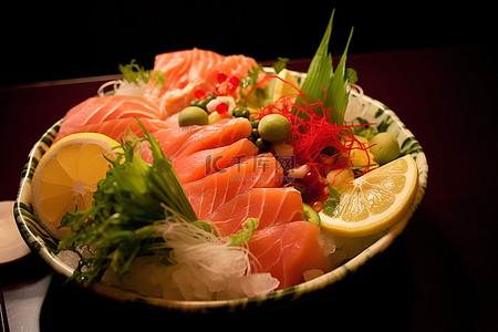 新鲜蔬菜背景图片_碗里有切片的生鱼和新鲜蔬菜