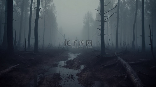 一片荒凉的森林的迷雾和令人毛骨悚然的 3D 可视化