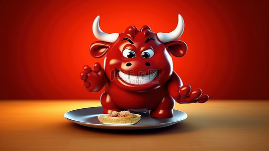 滑稽的背景图片_滑稽的 3D 红牛拿着一个有幽默感的盘子