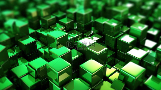 几何方块背景图片_表面闪亮的绿色金属立方体的 3D 渲染插图