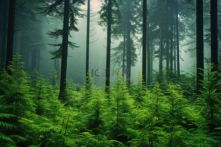 有高大植物和浓雾的森林
