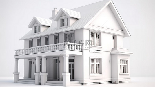 极简主义卡通风格 3d 渲染白色背景上的白色两层楼房子
