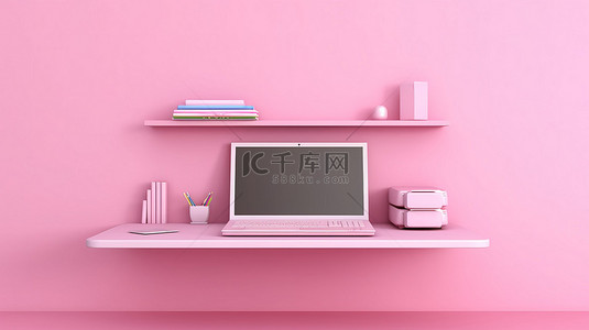 带笔记本电脑的粉红色架子背景的 3d 插图