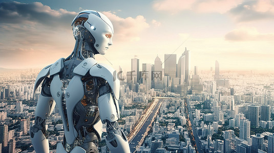 未来机器城背景图片_以人工智能机器人为特色的未来城市 3D 渲染与城市景观背景