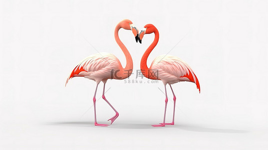 火烈鸟卡通背景图片_白色表面上 3D 渲染中的一对粉红色火烈鸟