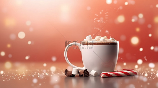 节日巧克力杯，配有棉花糖和拐杖糖，3D 插图中美味的圣诞饮料，带有复制空间