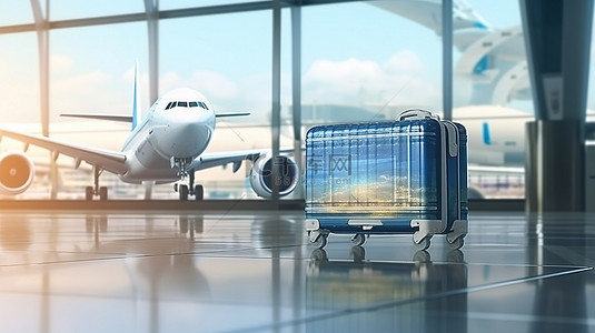 机场信息屏幕的 3D 渲染，前景为蓝色行李，背景为模糊飞机