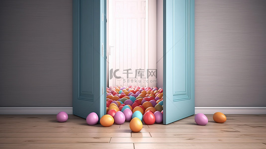 创意春节背景春节背景图片_复活节彩蛋通过 3D 渲染的敞开的门口进入
