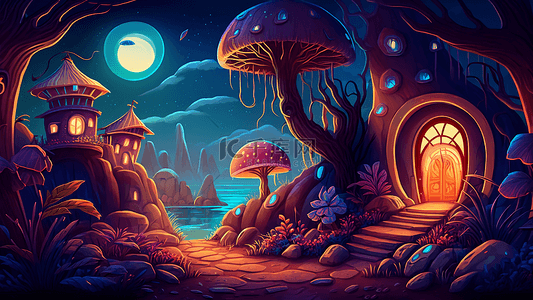 蘑菇梦幻背景图片_房子蘑菇梦幻卡通插画
