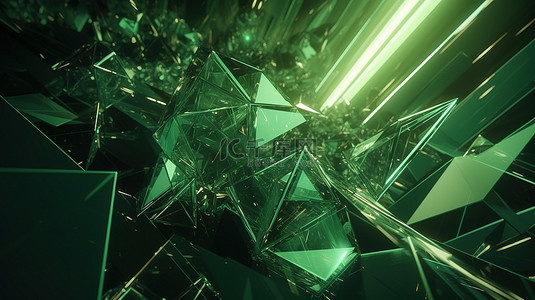 未来派抽象插图绿色几何形状在 3D 渲染中翱翔在外太空