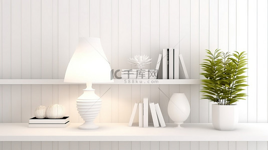 书架背景，带有白色办公桌植物和 3d 台灯