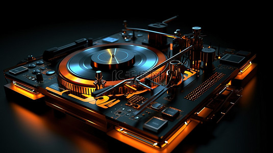 喜怒无常的工作室环境中 DJ 设备和乐器的 3D 渲染