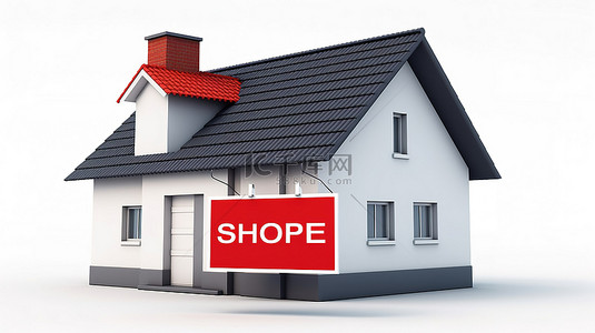 吊牌背景图片_具有红色屋顶和砖墙的现代房屋建筑房地产概念，在白色背景 3D 渲染上具有销售标签标签
