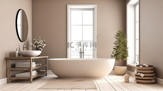 浴室墙背景图片_现代浴室设计，配有米色墙壁椭圆形镜子白色盆浴缸和镶木地板 3D 渲染