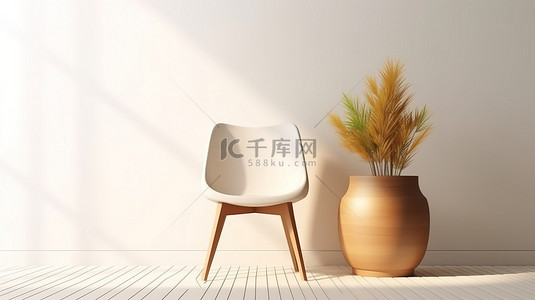 书房壁纸背景图片_优雅的椅子和木桌上的装饰花瓶与白墙 3d 渲染