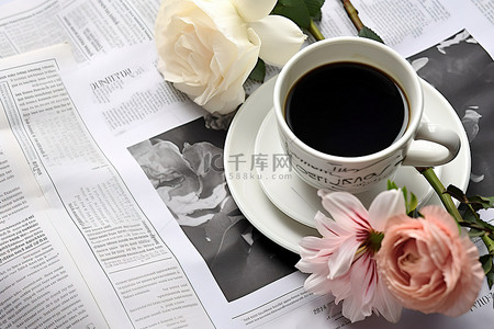 玫瑰背景图片_一杯咖啡放在报纸上