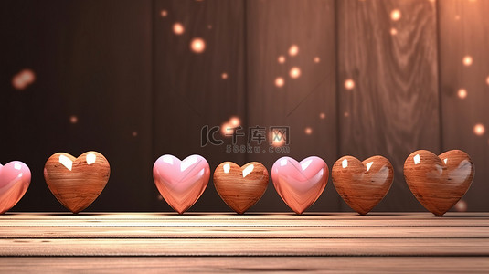 复古木质背景与 3D 渲染爱心