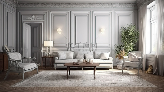 3d 灰色客厅的复古魅力与设计精美的家具