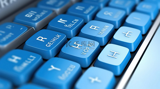 白色电脑键盘上特写蓝色旅行保险钥匙的 3D 渲染