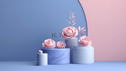 大理石讲台，带有花卉装饰 3D 渲染在柔和的紫色和蓝色背景上