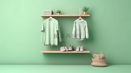 服装展柜背景图片_服装展示在质朴的背景和通过 3D 渲染创建的柔和的绿色表面上