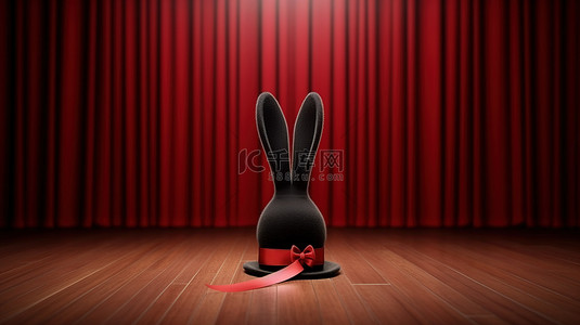 魔术表演背景图片_迷人配饰 红丝带黑色高顶帽子，带魔杖和兔耳
