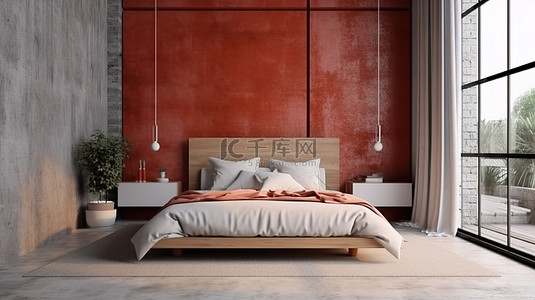 地板背景图片_时尚的 3D 渲染阁楼卧室，配有抛光混凝土地板红砖墙和别致的白色床