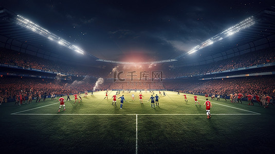 踢足球的运动员背景图片_体育场环境中竞争球员之间激烈足球比赛的 3D 渲染