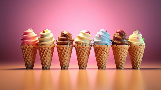 图形冰淇淋华夫饼锥体背景的夏季主题 3D 渲染