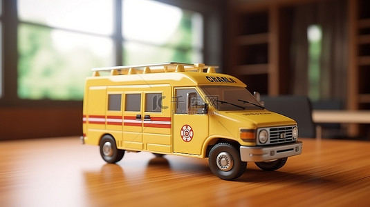 医院背景图片_木桌上救护车的医学概念 3D 渲染