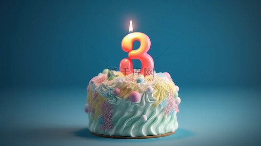 8 岁生日派对蛋糕的插图，具有柔和的色彩和蓝色背景 3D 渲染上的复制空间
