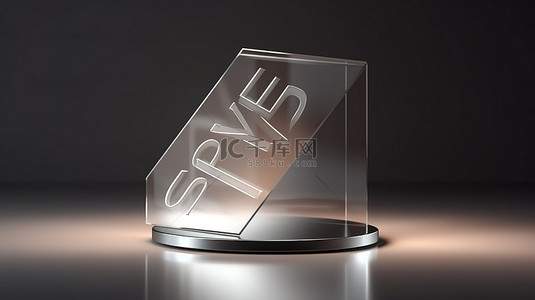 灰色基座上光滑的玻璃牌匾，具有柔和的照明优质 3D 渲染