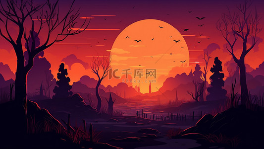 树林夜晚背景图片_万圣节月亮树林红色背景