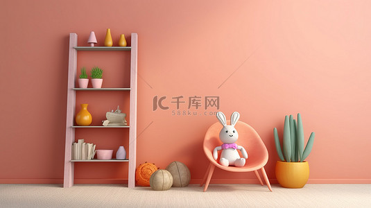 可爱的玩具系列和家具，靠在 3D 渲染的墙上，带有阅读角