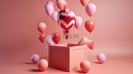 情人节礼品盒装饰漂浮着 3D 渲染的气球
